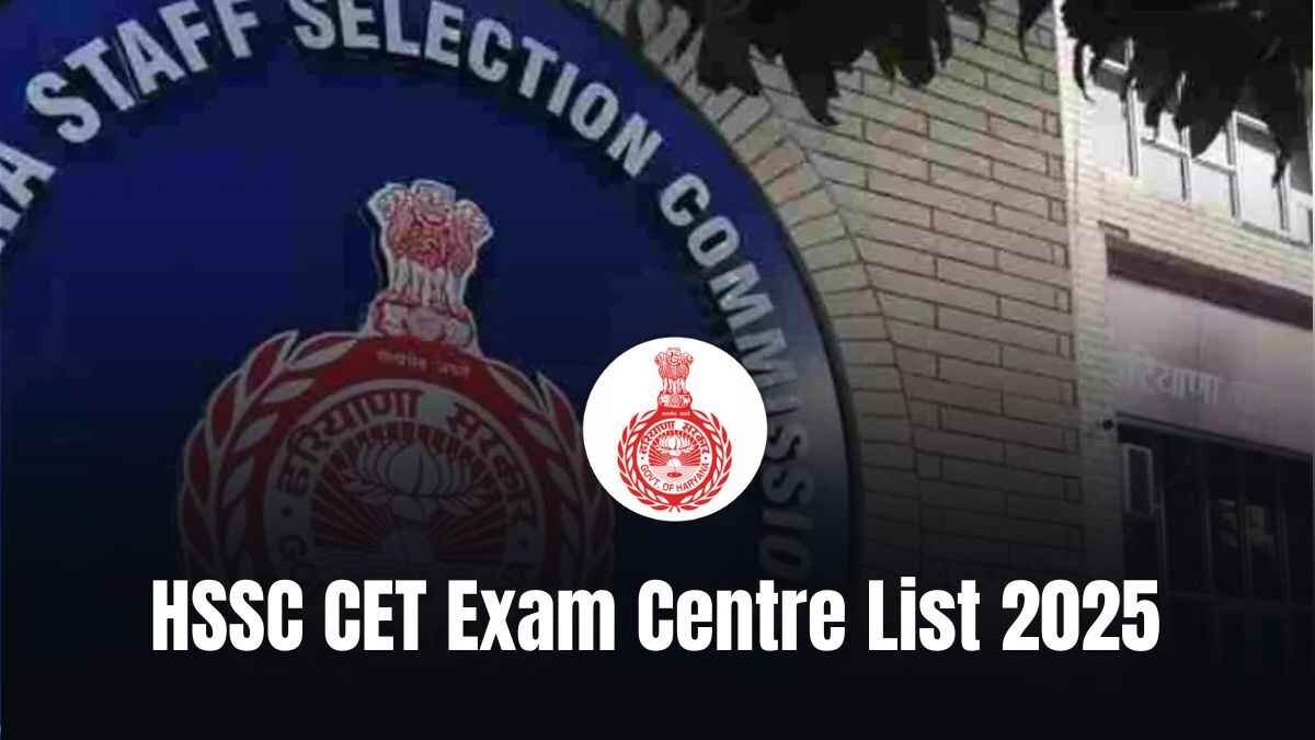 Students checking HSSC CET 2025 exam centre list PDF on a laptop, with Haryana map and city names highlighted in the background.